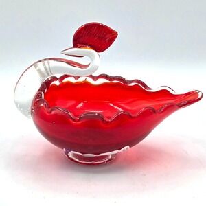 VINTAGE Murano Style Hand Blown Art Glass Red Glass Swan Candy Dish